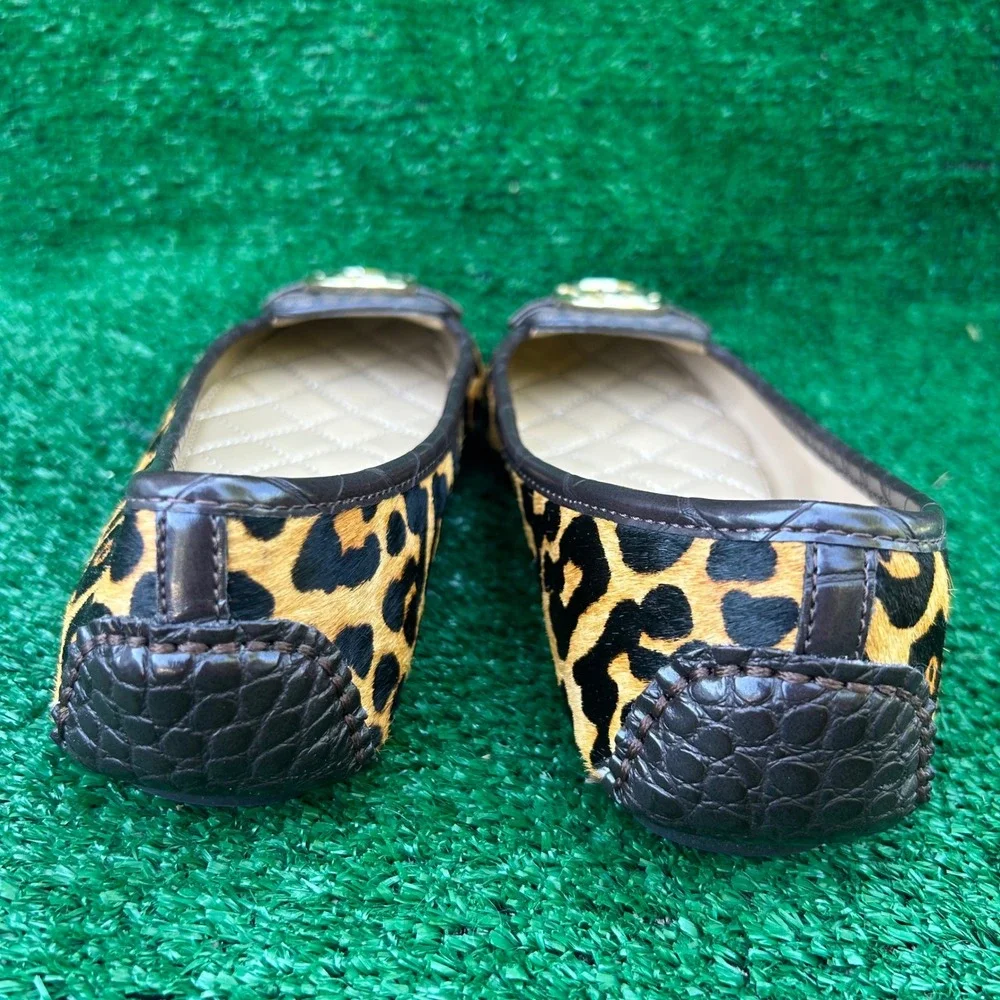 Michael Kors Fulton Leopard Haircalf Ballet Flats MK Logo Medallion Brown 7.5M